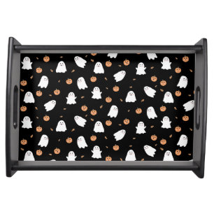 Cute Ghost & Pumpkin Black Halloween Pattern Serving Tray