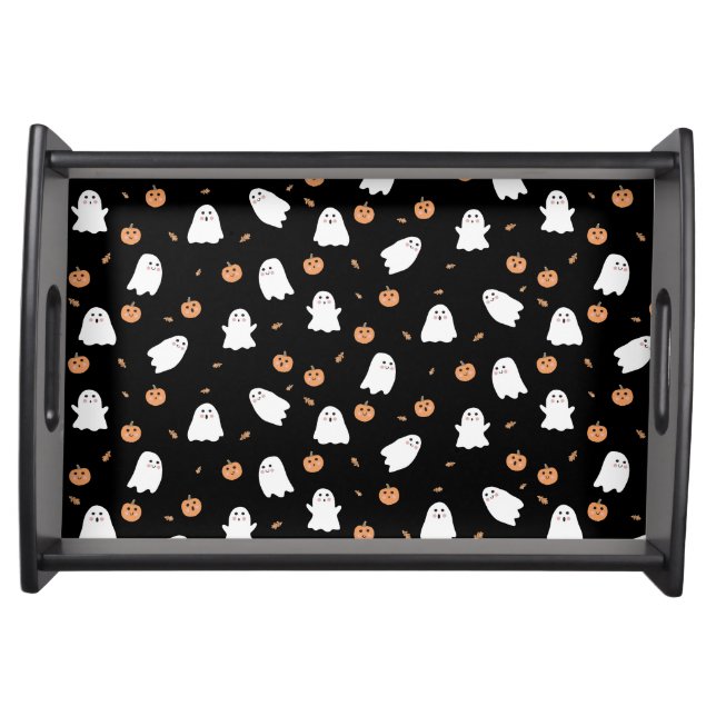 Cute Ghost & Pumpkin Black Halloween Pattern Serving Tray (Front)