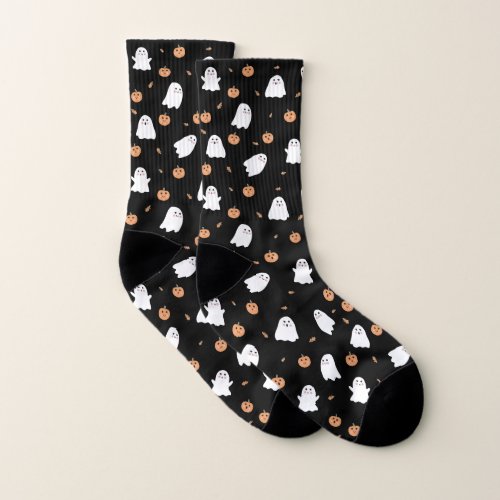 Cute Ghost  Pumpkin Black Halloween Pattern Socks