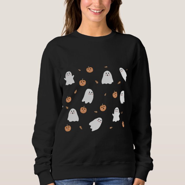 Cute Ghost & Pumpkin Black Halloween Pattern Sweatshirt (Front)