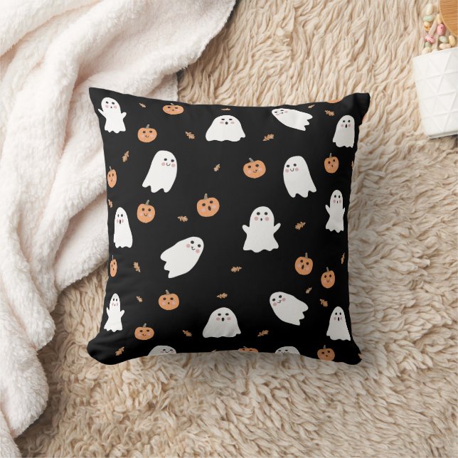 Cute Ghost & Pumpkin Black Halloween Pattern Throw Pillow (Blanket)