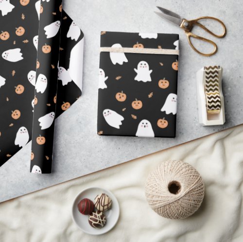 Cute Ghost  Pumpkin Black Halloween Pattern Wrapping Paper