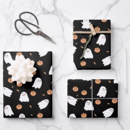 Cute Ghost & Pumpkin Black Halloween Pattern Wrapping Paper Sheets