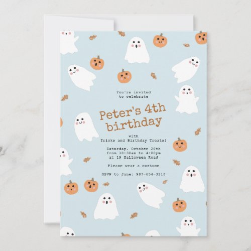 Cute Ghost  Pumpkin Blue Halloween Birthday Party Invitation
