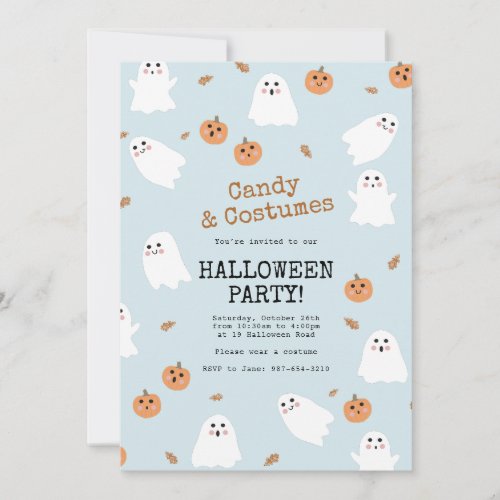 Cute Ghost  Pumpkin Blue Halloween Party Invitation