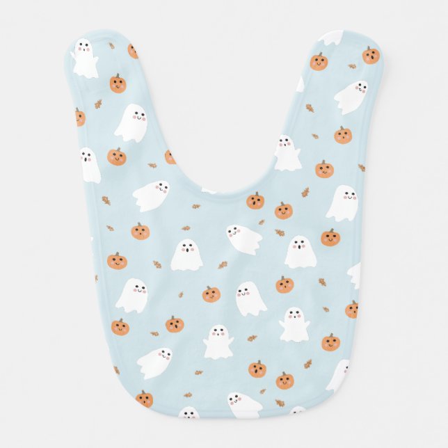 Cute Ghost & Pumpkin Blue Halloween Pattern Baby Bib (Front)