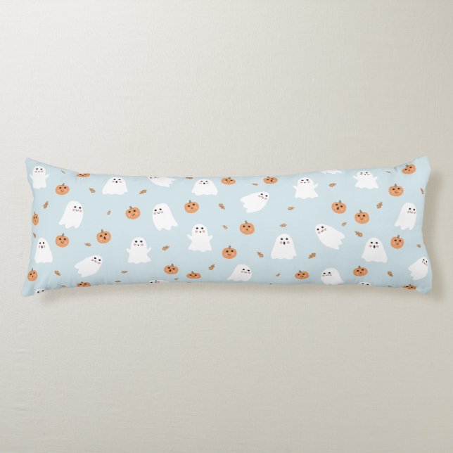 Cute Ghost & Pumpkin Blue Halloween Pattern Body Pillow (Front)