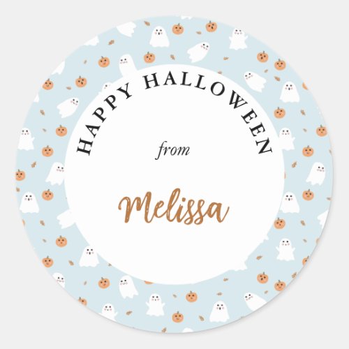 Cute Ghost  Pumpkin Blue Halloween Pattern Classic Round Sticker