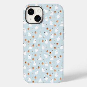 Cute Ghost & Pumpkin Blue Halloween Pattern iPhone 14 Case