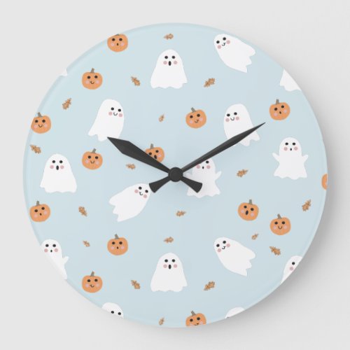 Cute Ghost  Pumpkin Blue Halloween Pattern Large Clock