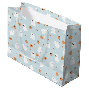 Cute Ghost & Pumpkin Blue Halloween Pattern Large Gift Bag
