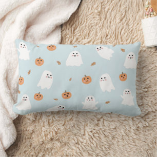 Cute Ghost & Pumpkin Blue Halloween Pattern Lumbar Pillow