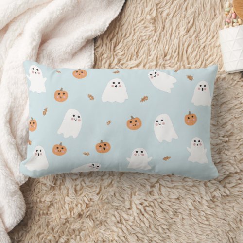 Cute Ghost  Pumpkin Blue Halloween Pattern Lumbar Pillow