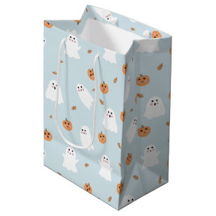 Cute Ghost & Pumpkin Blue Halloween Pattern Medium Gift Bag