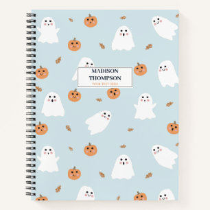 Cute Ghost & Pumpkin Blue Halloween Pattern Notebook