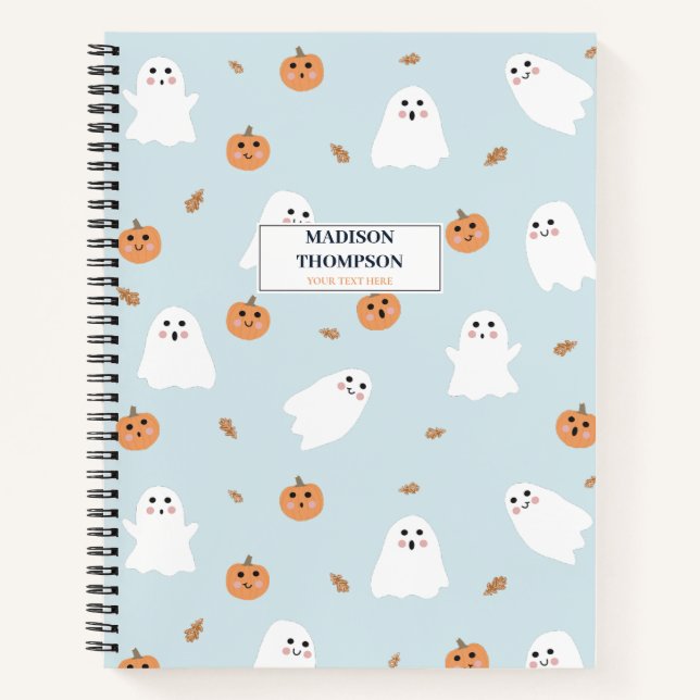 Cute Ghost & Pumpkin Blue Halloween Pattern Notebook (Front)