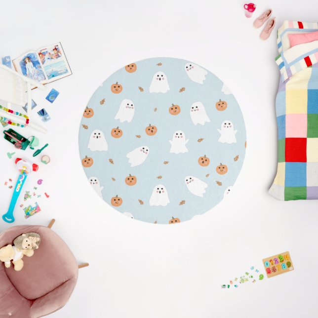 Cute Ghost & Pumpkin Blue Halloween Pattern Outdoor Rug (Insitu (Babyroom))