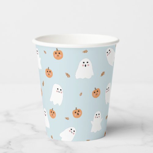 Cute Ghost  Pumpkin Blue Halloween Pattern Paper Cups