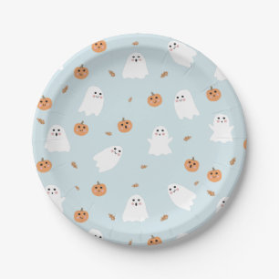 Cute Ghost & Pumpkin Blue Halloween Pattern Paper Plates