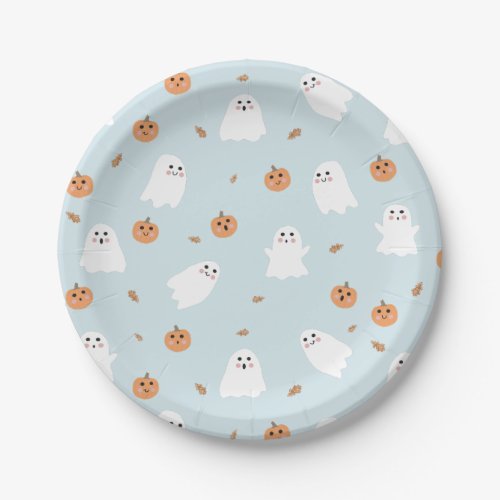 Cute Ghost  Pumpkin Blue Halloween Pattern Paper Plates