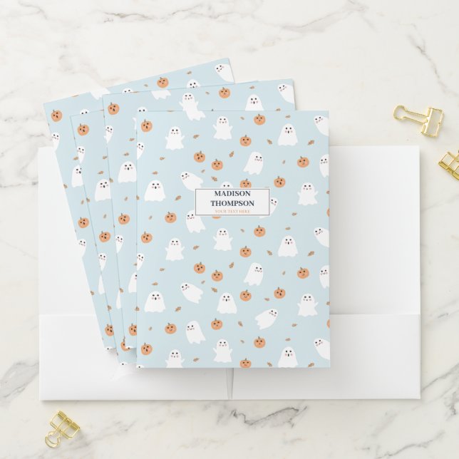 Cute Ghost & Pumpkin Blue Halloween Pattern Pocket Folder (In Situ)