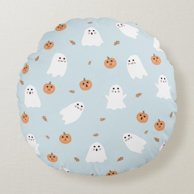 Cute Ghost & Pumpkin Blue Halloween Pattern Round Pillow (Front)