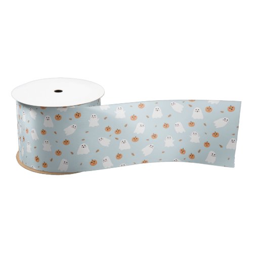 Cute Ghost  Pumpkin Blue Halloween Pattern Satin Ribbon