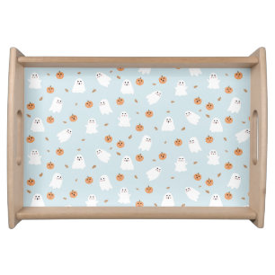 Cute Ghost & Pumpkin Blue Halloween Pattern Serving Tray