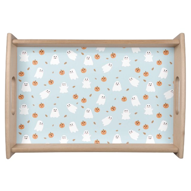 Cute Ghost & Pumpkin Blue Halloween Pattern Serving Tray (Front)