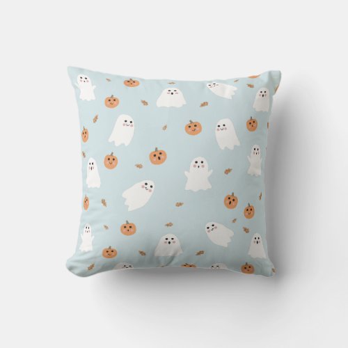 Cute Ghost  Pumpkin Blue Halloween Pattern Throw Pillow