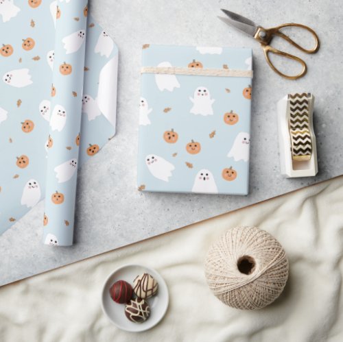 Cute Ghost  Pumpkin Blue Halloween Pattern Wrapping Paper