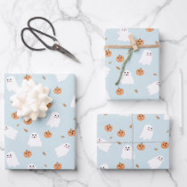 Cute Ghost & Pumpkin Blue Halloween Pattern Wrapping Paper Sheets