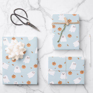Cute Ghost & Pumpkin Blue Halloween Pattern Wrapping Paper Sheets