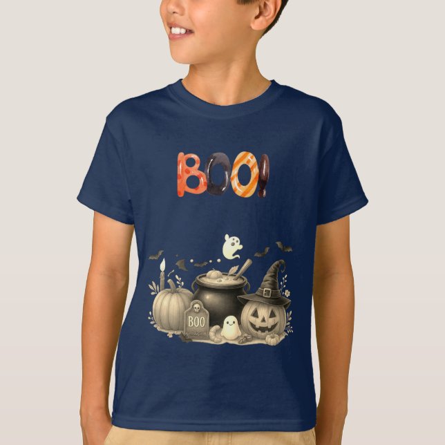 Cute Ghost & Pumpkin BOO Kids Halloween T-Shirt (Front)