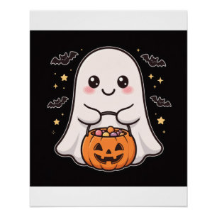 Cute Ghost Pumpkin Candy Bucket Halloween Poster