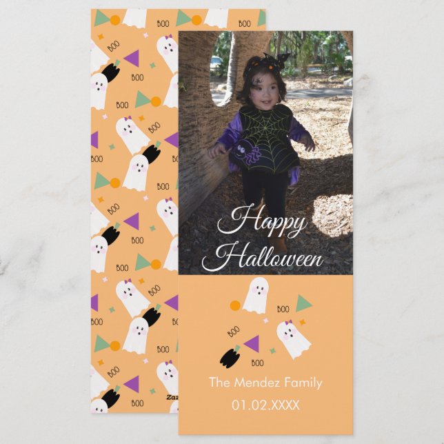 Cute Ghost Pumpkin Confetti Orange Photo Card (Front/Back)