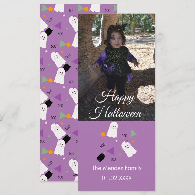 Cute Ghost Pumpkin Confetti Orange Photo Card (Front/Back)