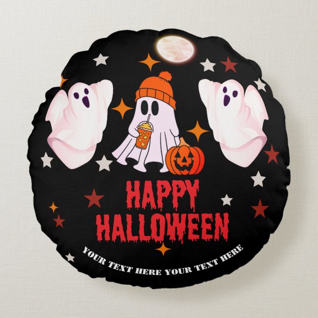 Cute Ghost & Pumpkin Custom Text Happy Halloween Round Pillow (Front)