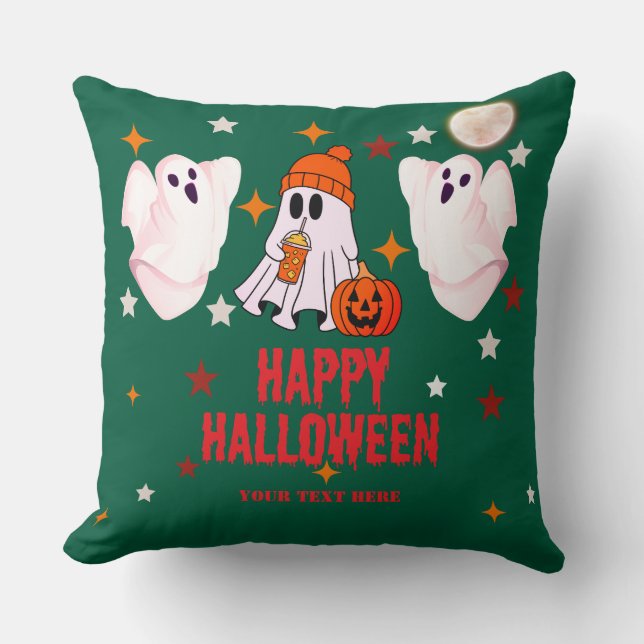 Cute Ghost & Pumpkin Custom Text Happy Halloween Throw Pillow (Front)