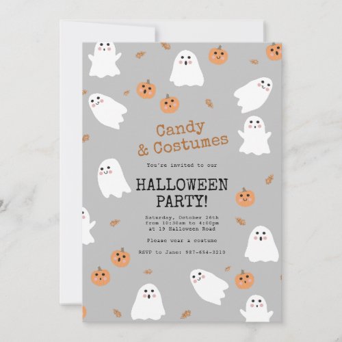 Cute Ghost  Pumpkin Gray Halloween Party Invitation