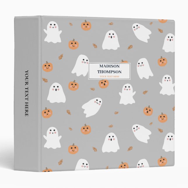 Cute Ghost & Pumpkin Gray Halloween Pattern 3 Ring Binder (Front/Spine)