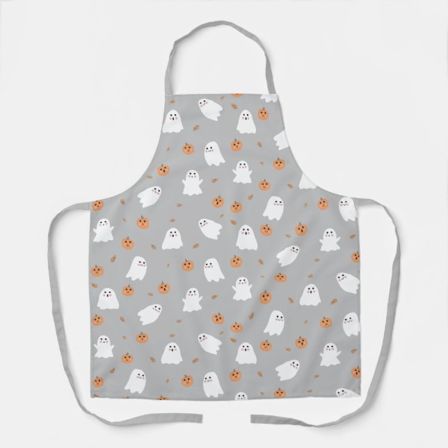 Cute Ghost & Pumpkin Gray Halloween Pattern Apron (Front)