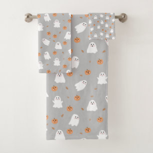 Cute Ghost & Pumpkin Gray Halloween Pattern Bath Towel Set