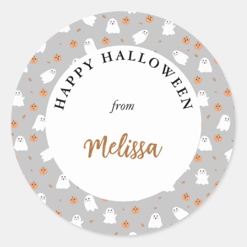 Cute Ghost  Pumpkin Gray Halloween Pattern Classic Round Sticker