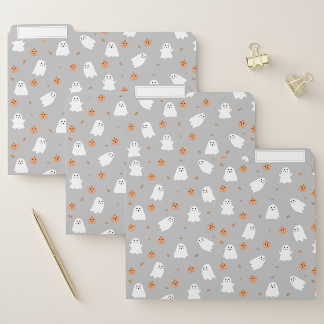 Cute Ghost & Pumpkin Gray Halloween Pattern File Folder (Set)