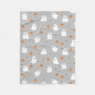 Cute Ghost & Pumpkin Gray Halloween Pattern Fleece Blanket