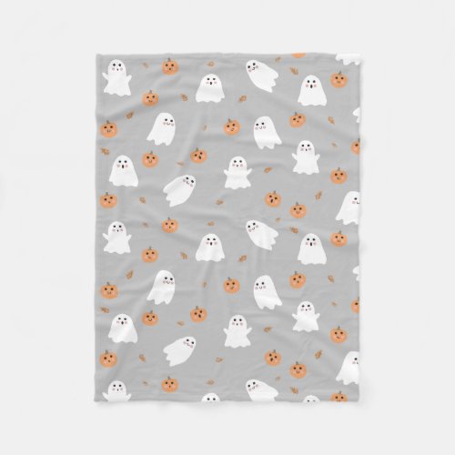 Cute Ghost  Pumpkin Gray Halloween Pattern Fleece Blanket