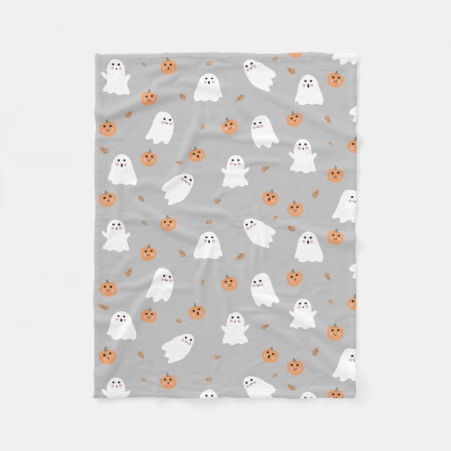 Cute Ghost & Pumpkin Gray Halloween Pattern Fleece Blanket (Front)