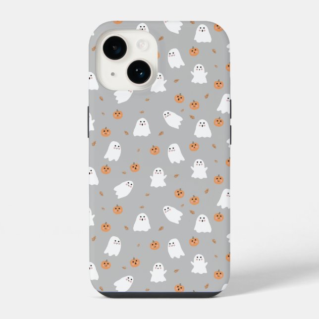 Cute Ghost & Pumpkin Gray Halloween Pattern Iphone Case (Back)