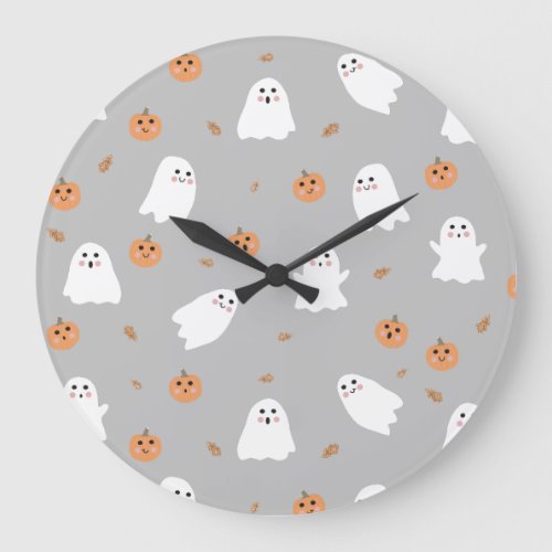 Cute Ghost  Pumpkin Gray Halloween Pattern Large Clock